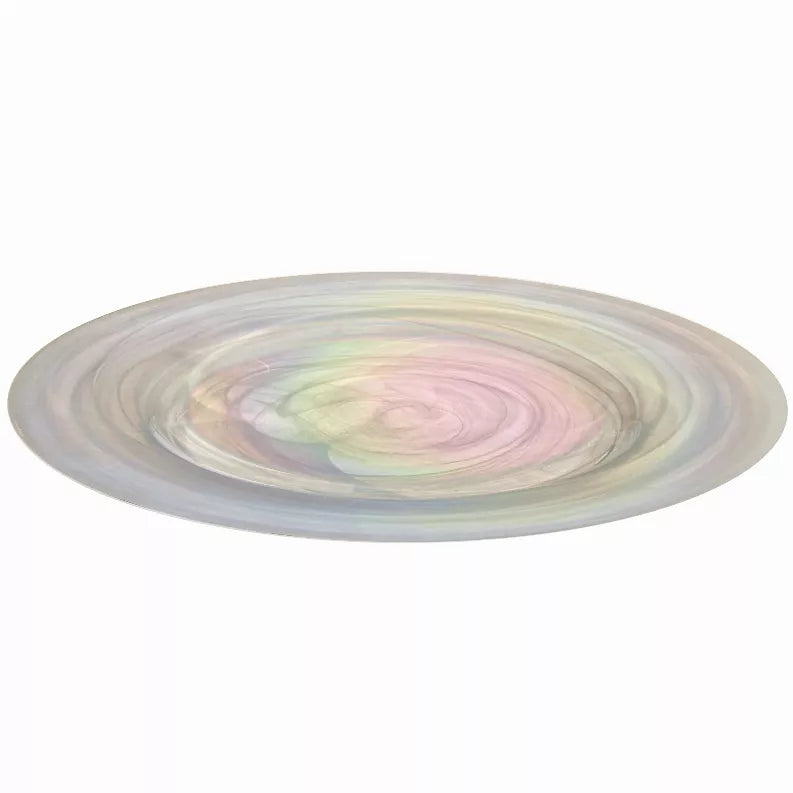 13-inch glass charger plate, pastel iridescent swirl pattern from low angle