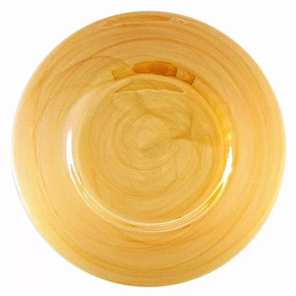 Round amber glass charger plate with swirled pattern, glossy 13-inch size