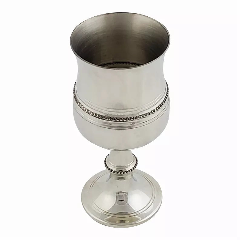 Pewter beaded goblet with wide cup and decorative beaded band, polished stand base