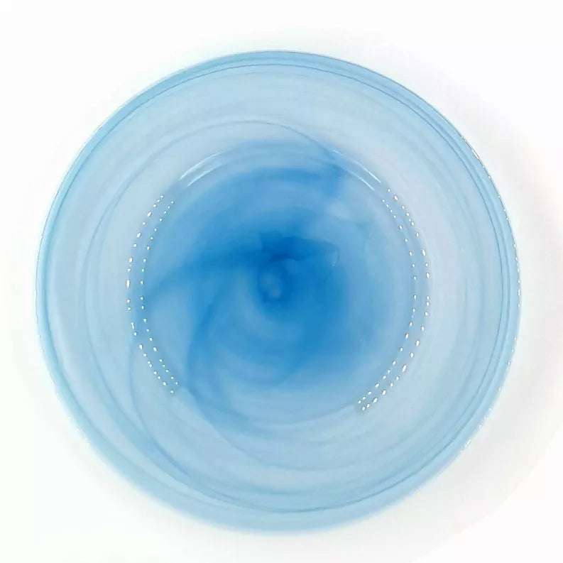 NUAGE 13" glass charger plate top view, light blue with dotted ring accents.