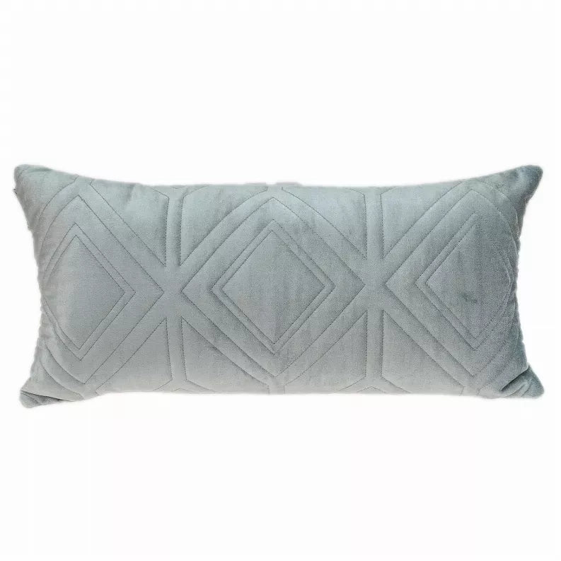 Light gray-blue quilted rectangular pillow with large centered X diamond motif