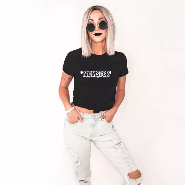 Black crewneck graphic T-shirt with MOMSTER logo on front