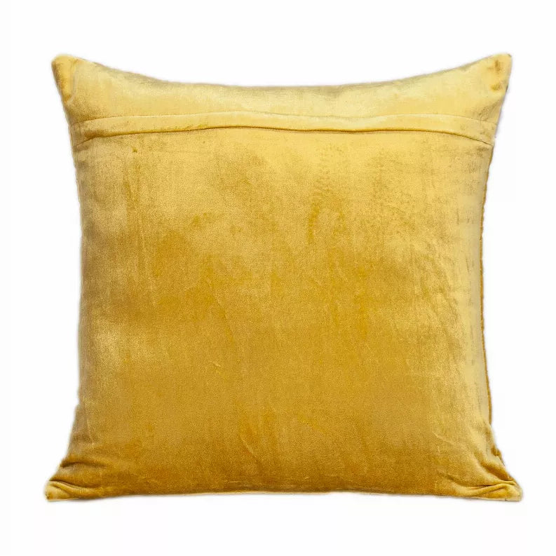 Mustard yellow square throw pillow with plain back and stitched edges
