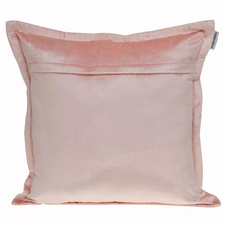 Blush pink square throw pillow, subtle gradient sheen, stitched border and side tag