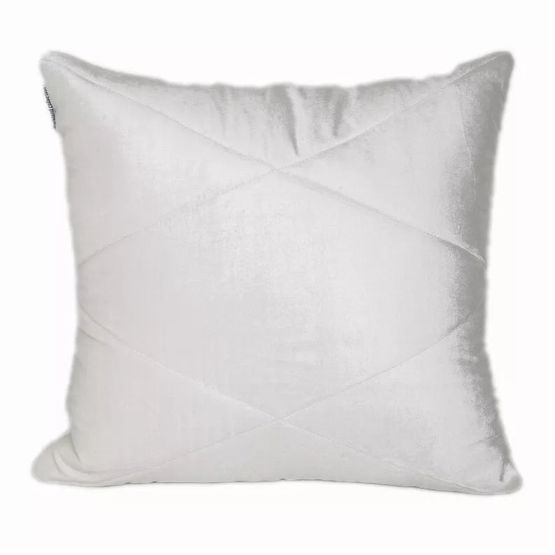 White quilted throw pillow with diagonal channel stitching and defined square shape