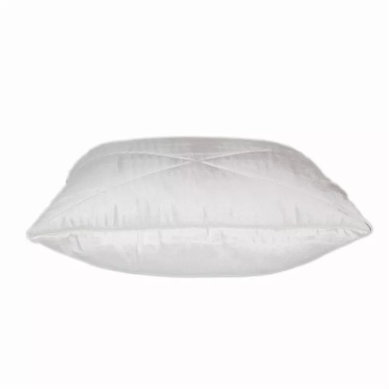 Light gray quilted throw pillow with stitched channels and rounded corners