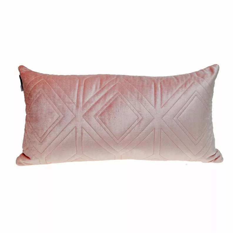 Salmon-pink quilted throw pillow with centered diamond and chevron stitch lines