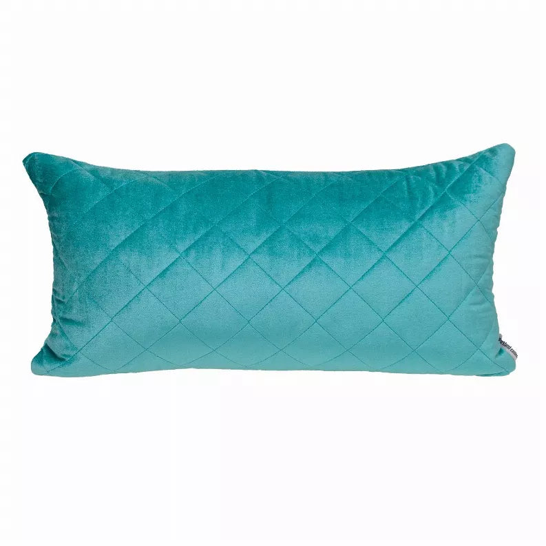 Turquoise quilted lumbar throw pillow with diamond pattern and piped edge on both sides.