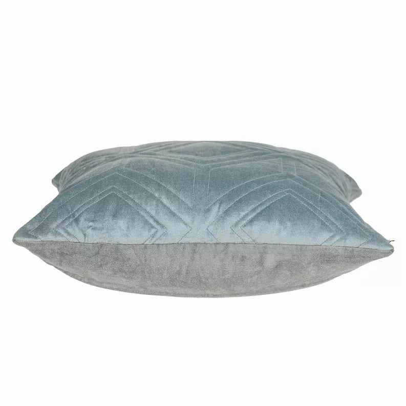 Blue-gray quilted throw pillow with zigzag stitch pattern on the front and back
