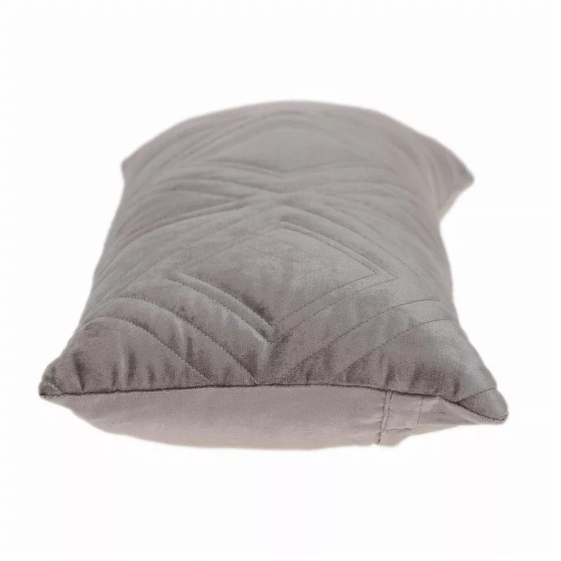 Gray quilted throw pillow side view with stitched diamond pattern, rectangular