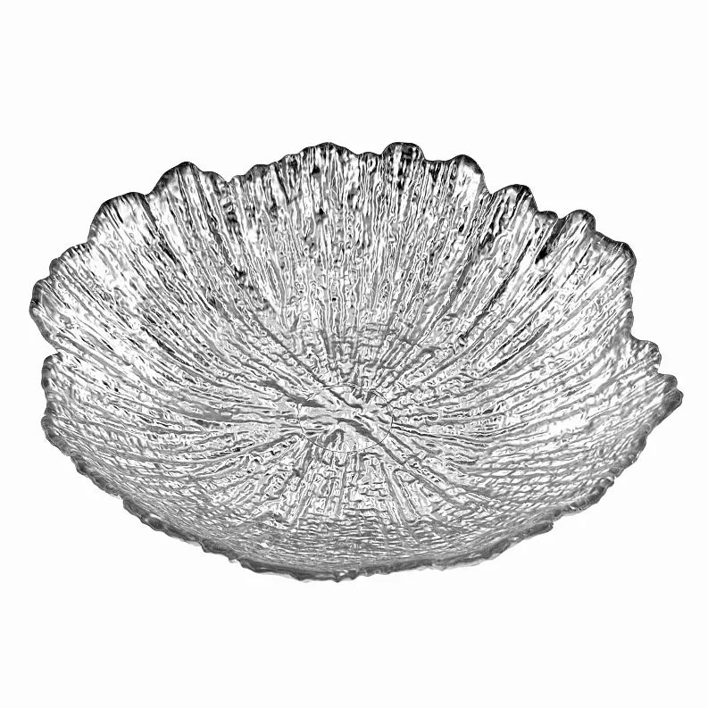 Gilded glass soup plate with silver ridged starburst pattern and wavy scalloped rim
