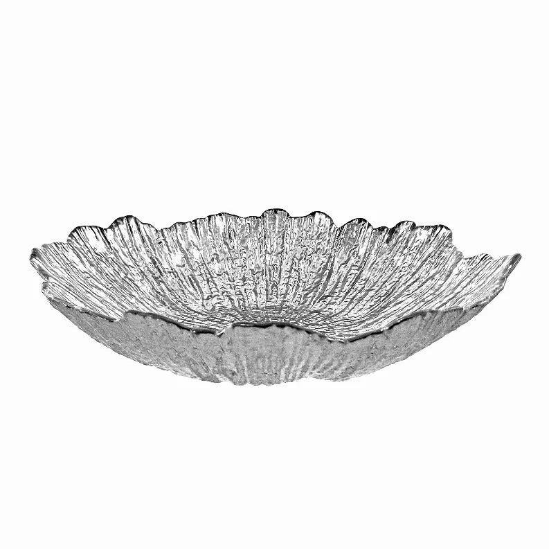 Gilded glass soup plate in silver tone, shallow bowl with scalloped wavy rim