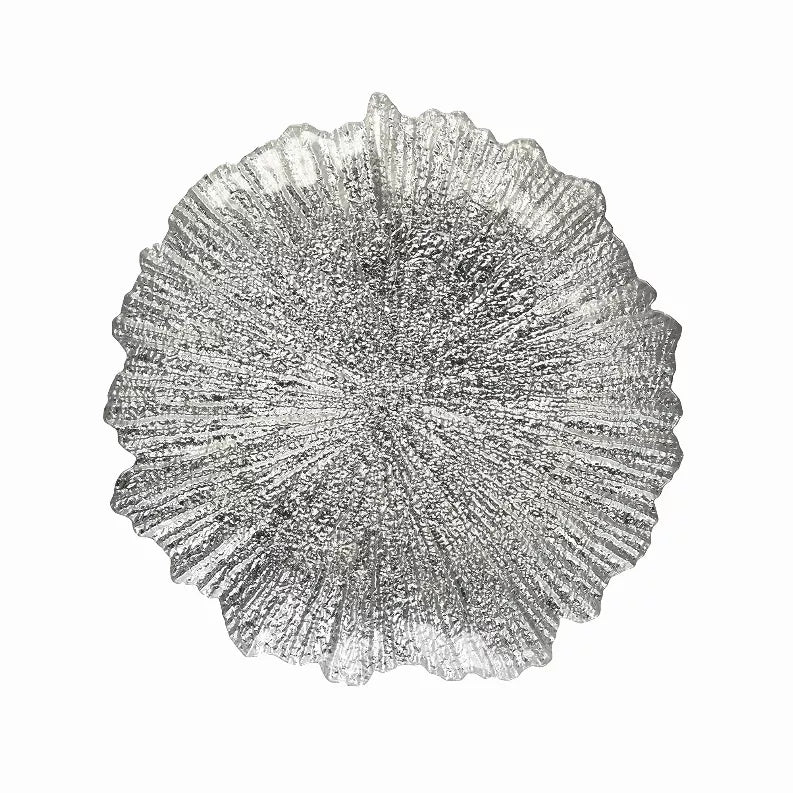 Gilded glass soup plate in silver tone, round scalloped edge with starburst texture