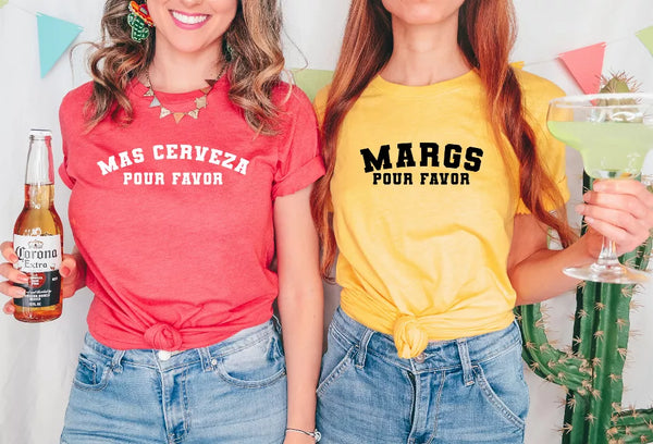 Knot-front slogan T-shirts: red 'MAS CERvezas POUR FAVOR' and yellow 'MARGS POUR FAVOR'.
