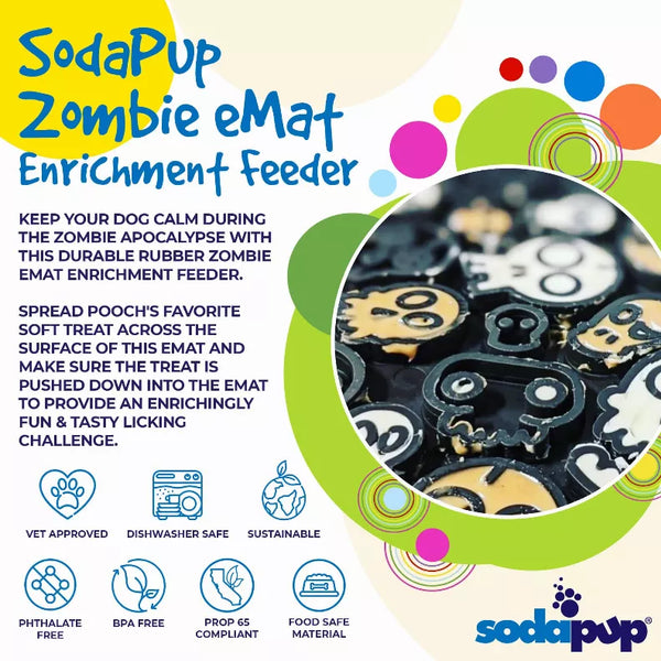 Zombie-themed rubber lick mat with raised skull and zombie face patterns, dark