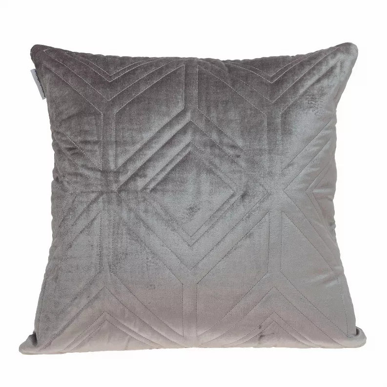 Gray quilted throw pillow with large diamond and chevron stitched pattern
