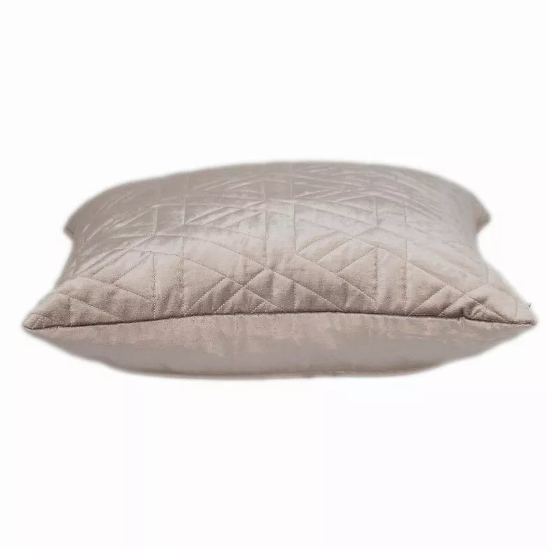 Taupe quilted throw pillow with stitched channel top edge, side view