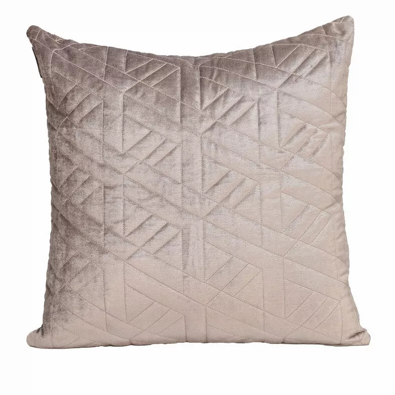 Taupe quilted throw pillow with geometric diamond quilt pattern on front