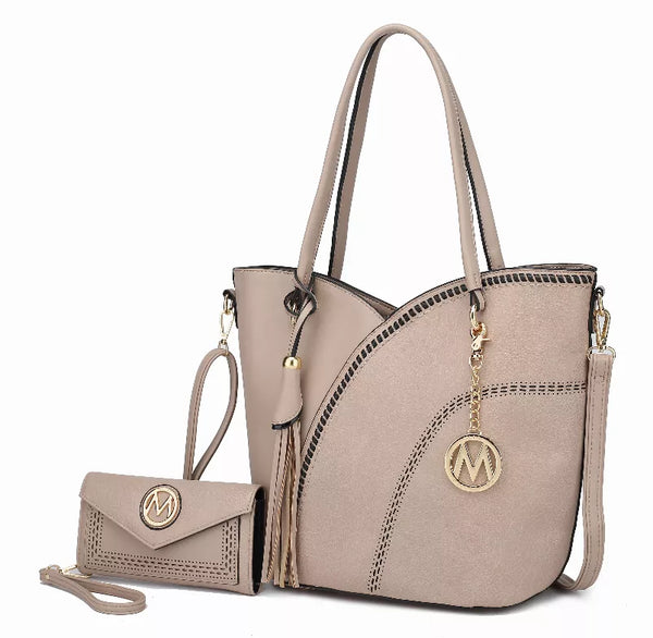 Two-tone vegan leather shoulder bag with wallet, whip-stitch trim and zipper closure