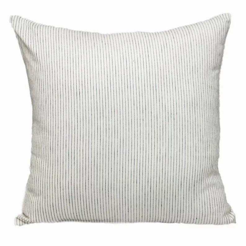 Square throw pillow front with light cream fabric and narrow vertical dark stripe pattern