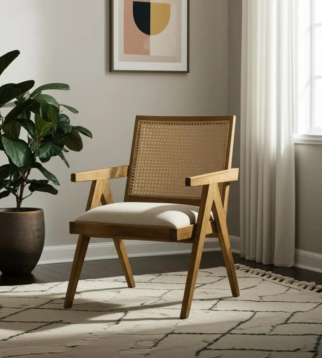 22" Beige and Natural Linen and Solid Wood Arm Chair Homeroots Living Room