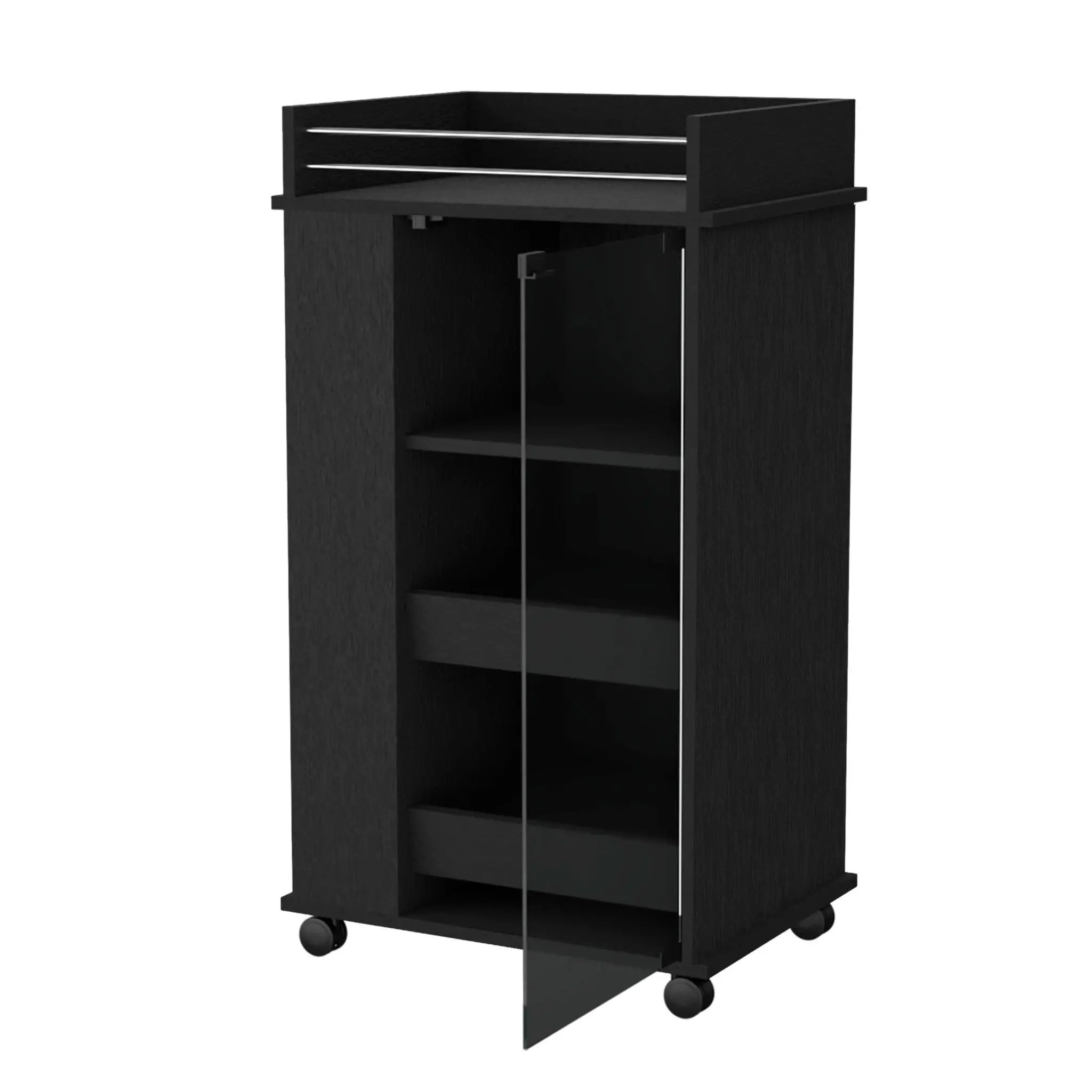 22" Black And Clear Wood And Glass Rolling Bar Cart Homeroots Kitchen & Dining