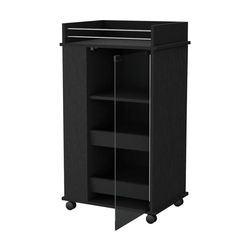 22" Black And Clear Wood And Glass Rolling Bar Cart Homeroots Kitchen & Dining