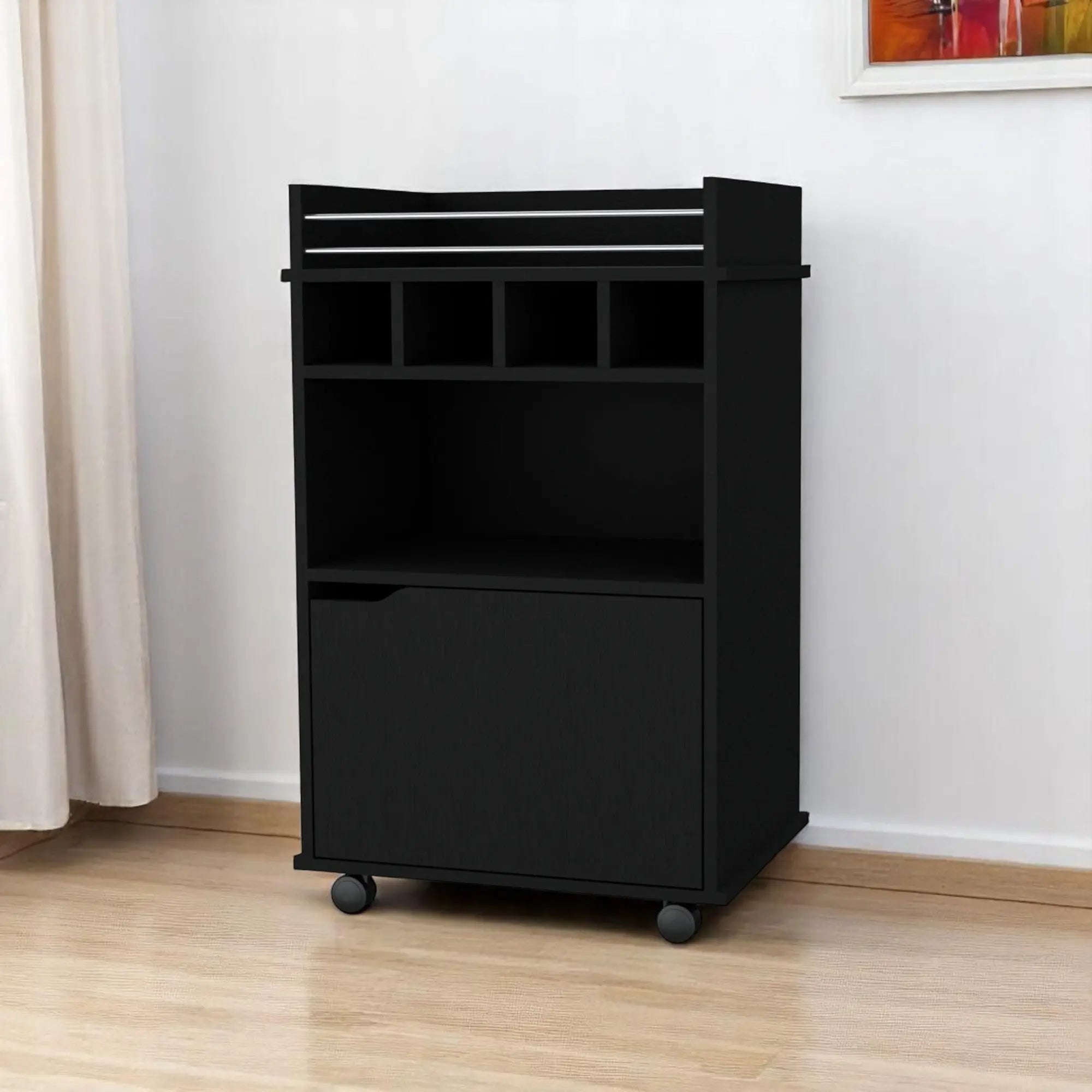 22" Black Wood Rolling Bar Cart With Wine Storage Homeroots Kitchen & Dining