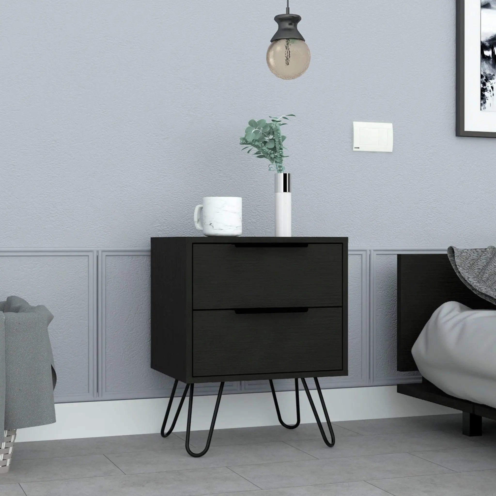 22" Black Wood Two Drawer Nightstand Homeroots Bed & Bath