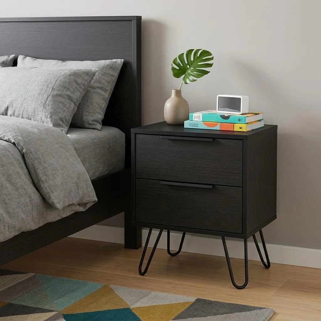 22" Black Wood Two Drawer Nightstand Homeroots Bed & Bath