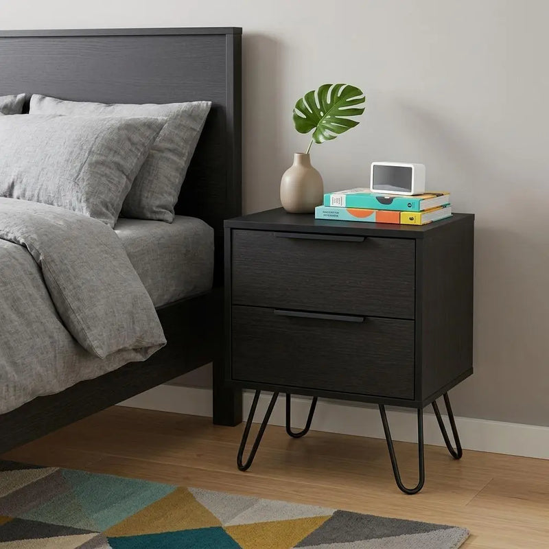 22" Black Wood Two Drawer Nightstand Homeroots Bed & Bath