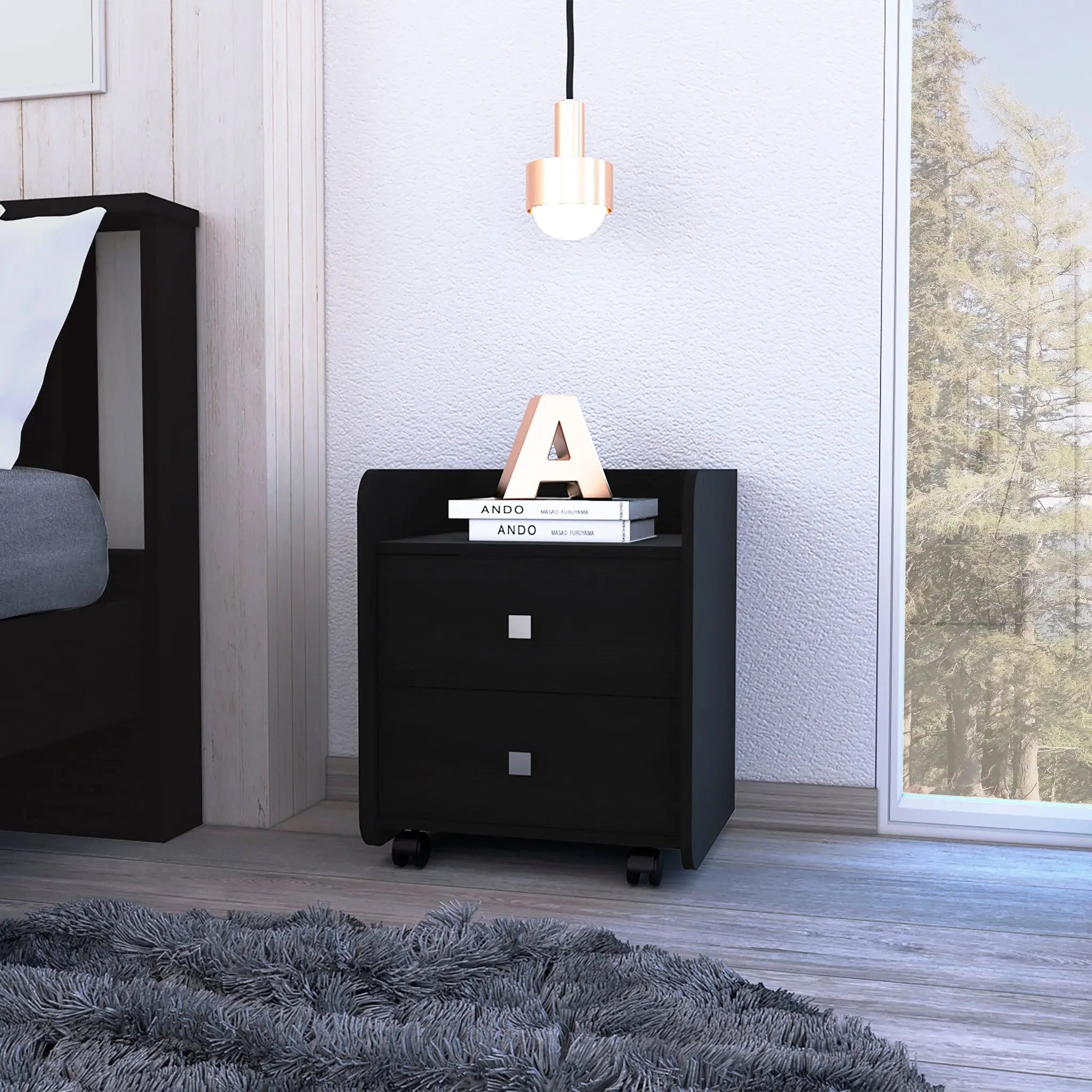 22" Black Wood Two Drawer Nightstand Homeroots Bed & Bath