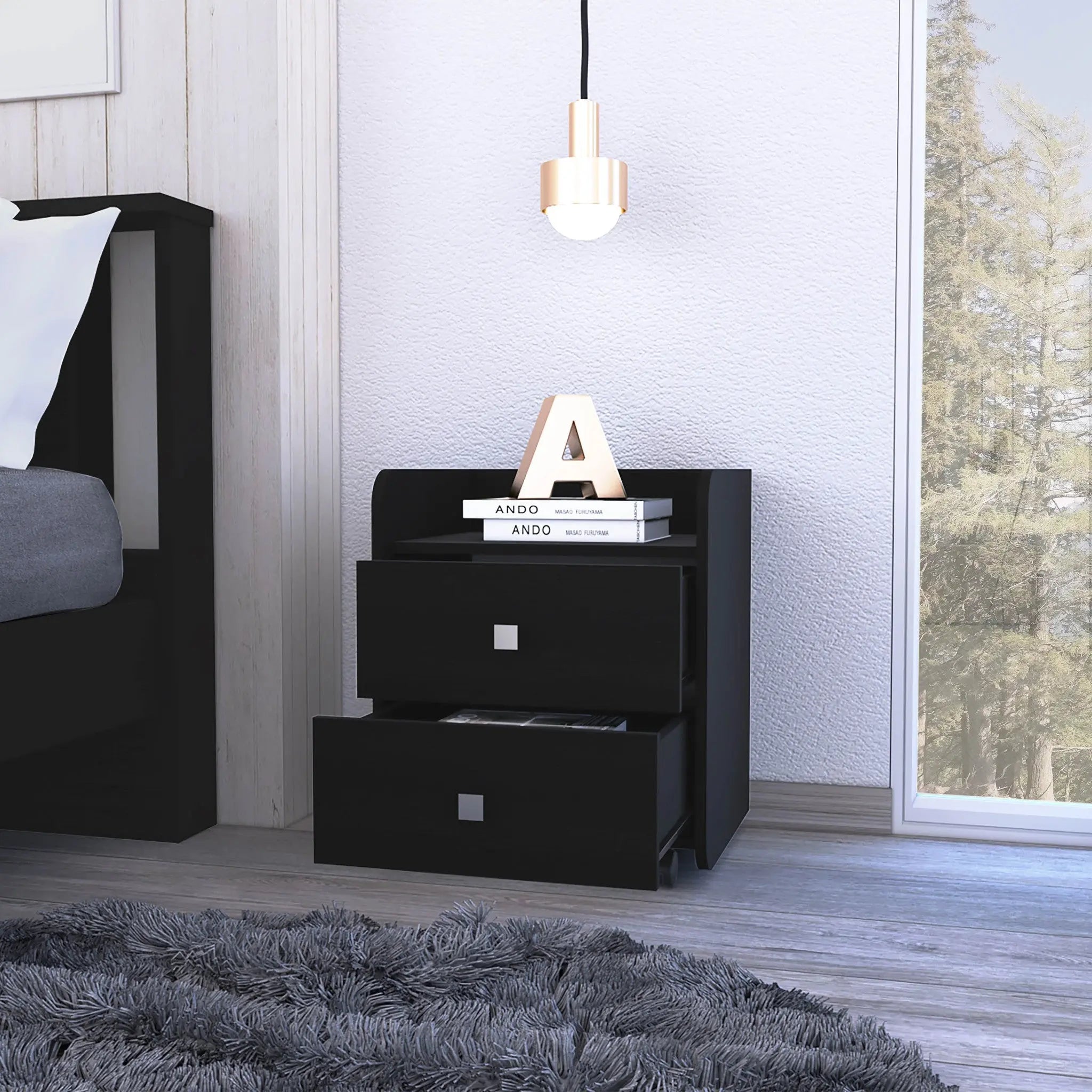22" Black Wood Two Drawer Nightstand Homeroots Bed & Bath