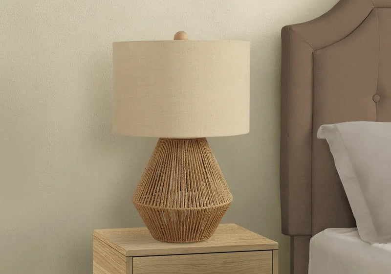 22" Brown Rattan Geometric Table Lamp With Beige Drum Shade Homeroots Lighting