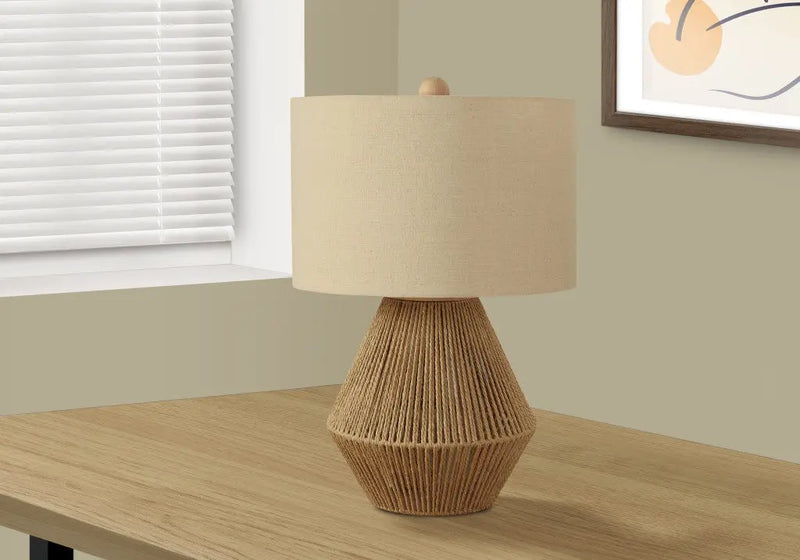 22" Brown Rattan Geometric Table Lamp With Beige Drum Shade Homeroots Lighting