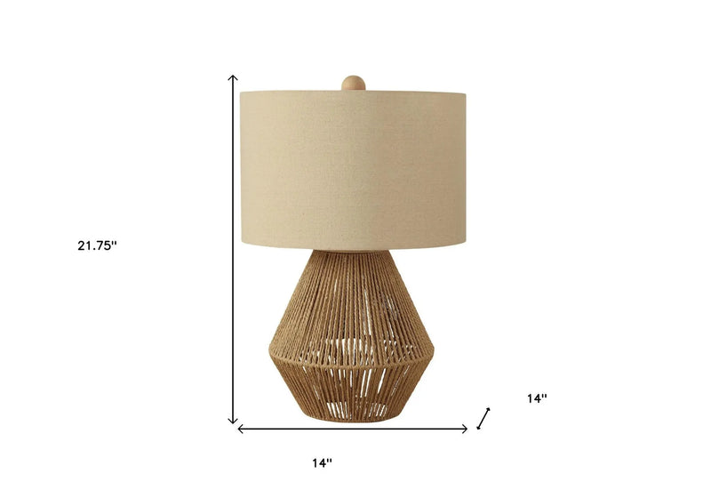 22" Brown Rattan Geometric Table Lamp With Beige Drum Shade Homeroots Lighting