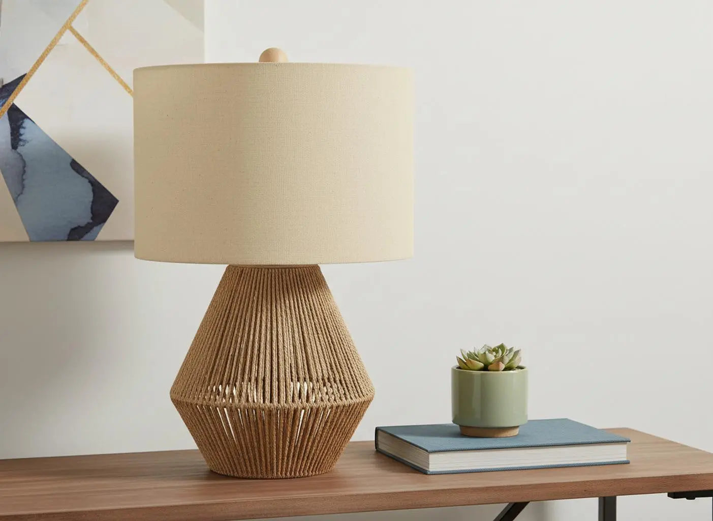 22" Brown Rattan Geometric Table Lamp With Beige Drum Shade Homeroots Lighting