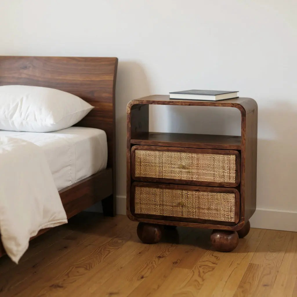 22" Chestnut And Natural Solid Wood Cane Rattan Two Drawer Nightstand Homeroots Bed & Bath