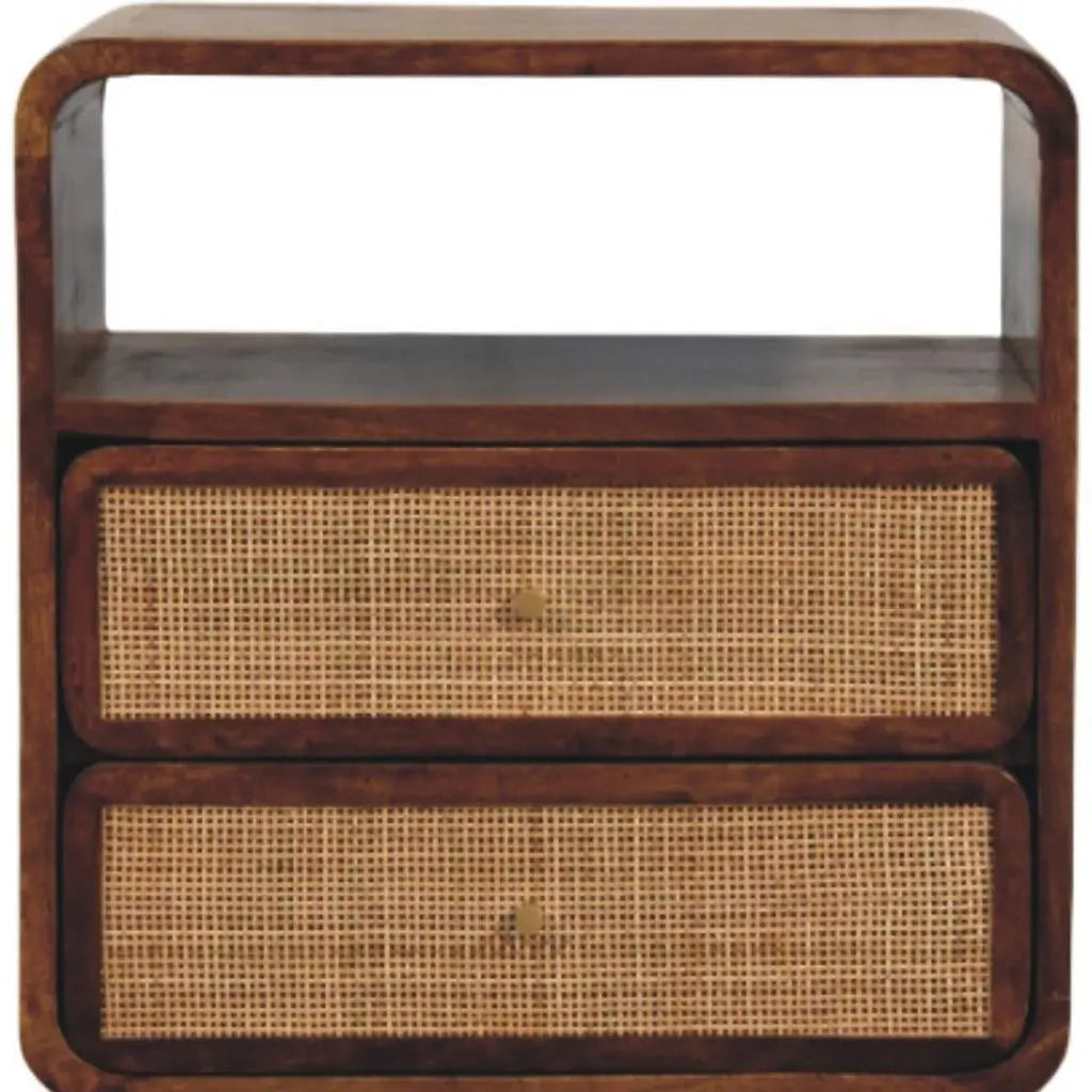 22" Chestnut And Natural Solid Wood Cane Rattan Two Drawer Nightstand Homeroots Bed & Bath
