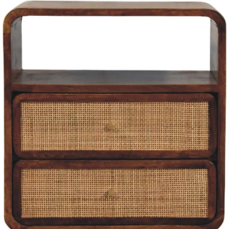 22" Chestnut And Natural Solid Wood Cane Rattan Two Drawer Nightstand Homeroots Bed & Bath