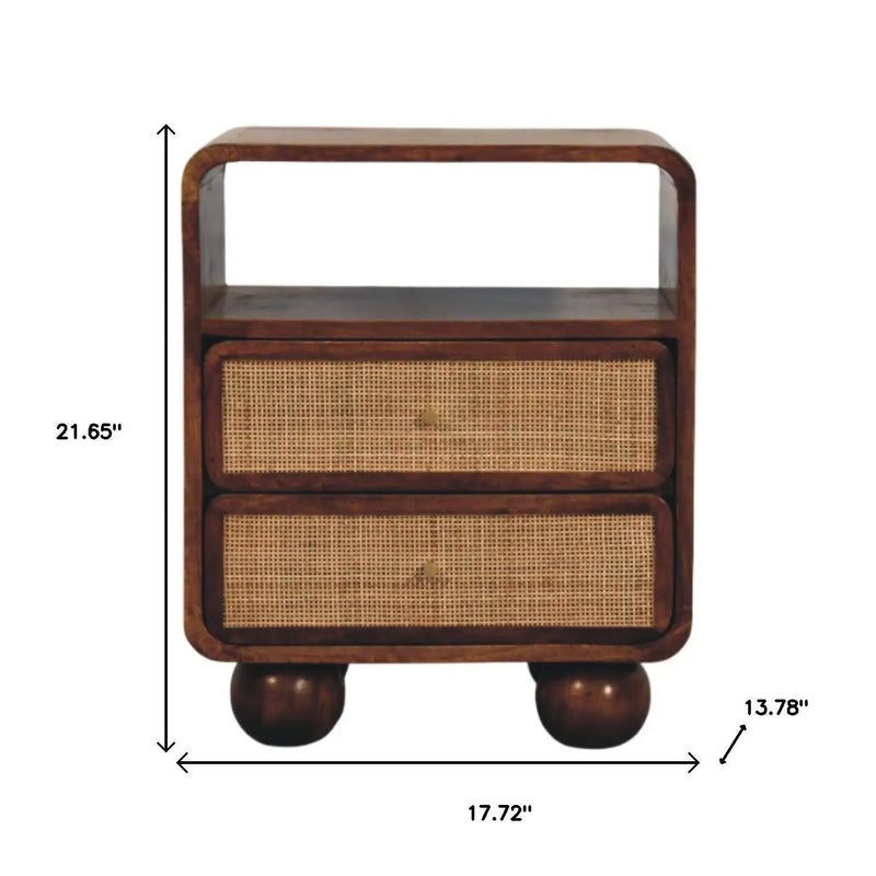 22" Chestnut And Natural Solid Wood Cane Rattan Two Drawer Nightstand Homeroots Bed & Bath