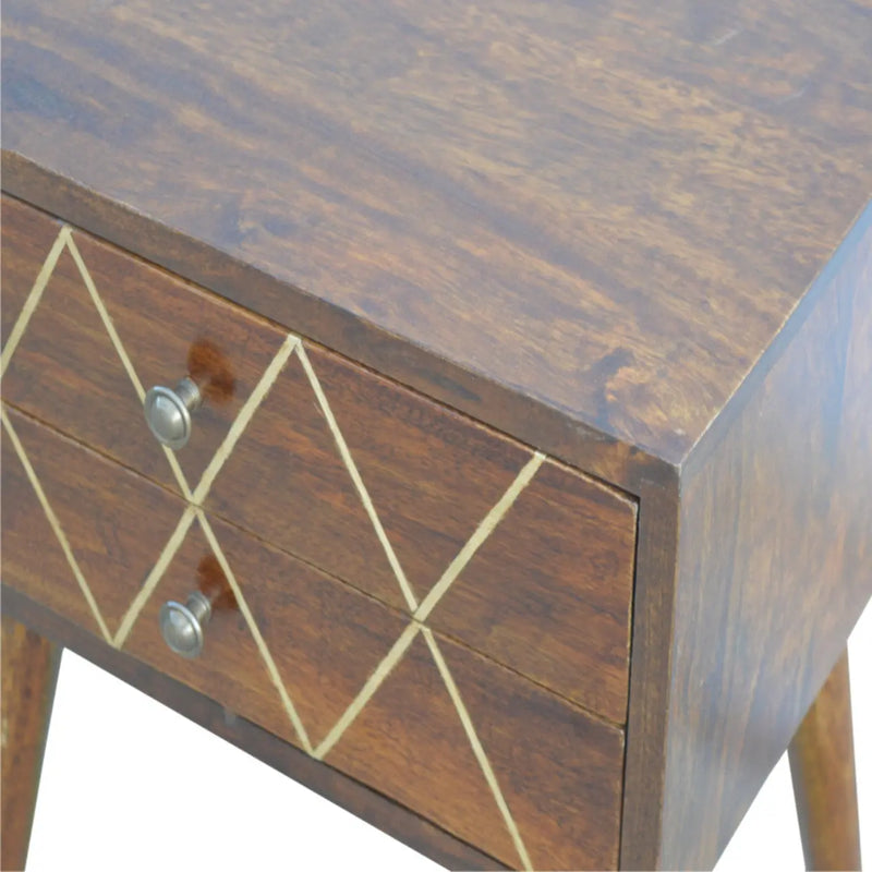 22" Chestnut Solid Wood Geometric Brass Inlay Two Drawer Nightstand Homeroots Bed & Bath