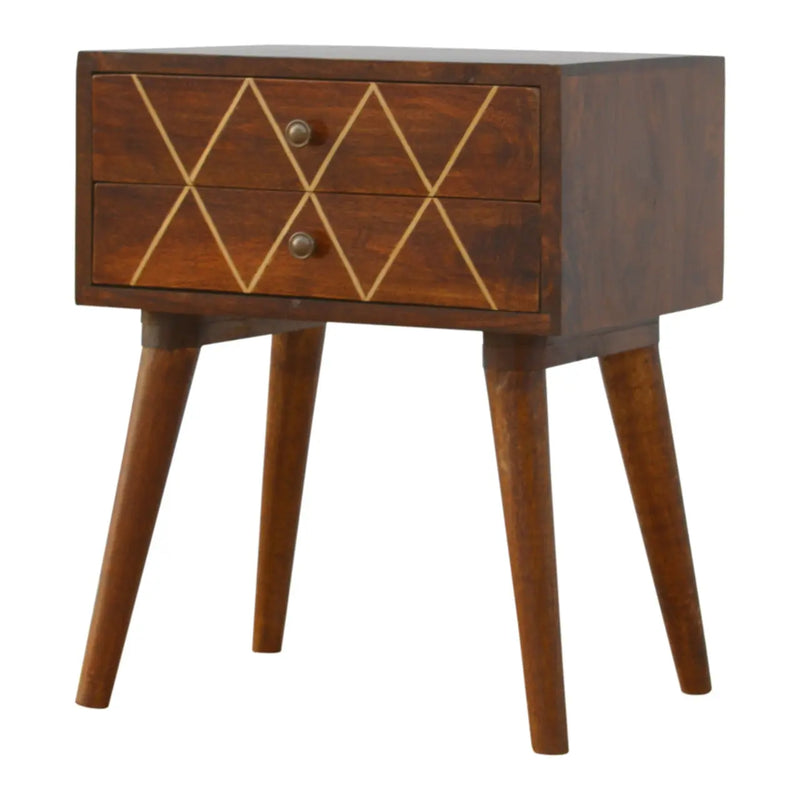 22" Chestnut Solid Wood Geometric Brass Inlay Two Drawer Nightstand Homeroots Bed & Bath