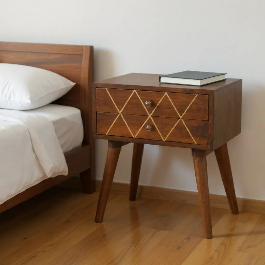 22" Chestnut Solid Wood Geometric Brass Inlay Two Drawer Nightstand Homeroots Bed & Bath