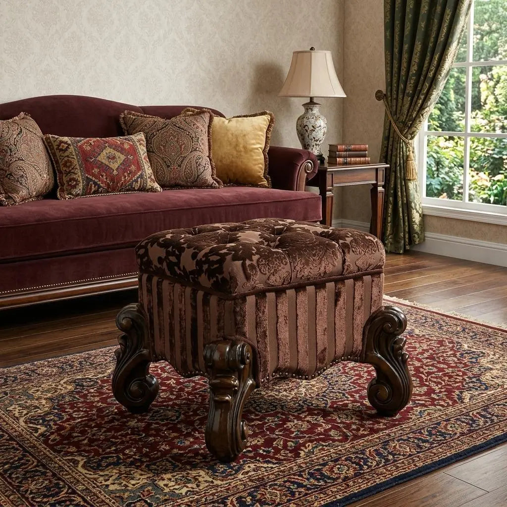 22" Chocolate Fabric Damask Footstool Homeroots Living Room