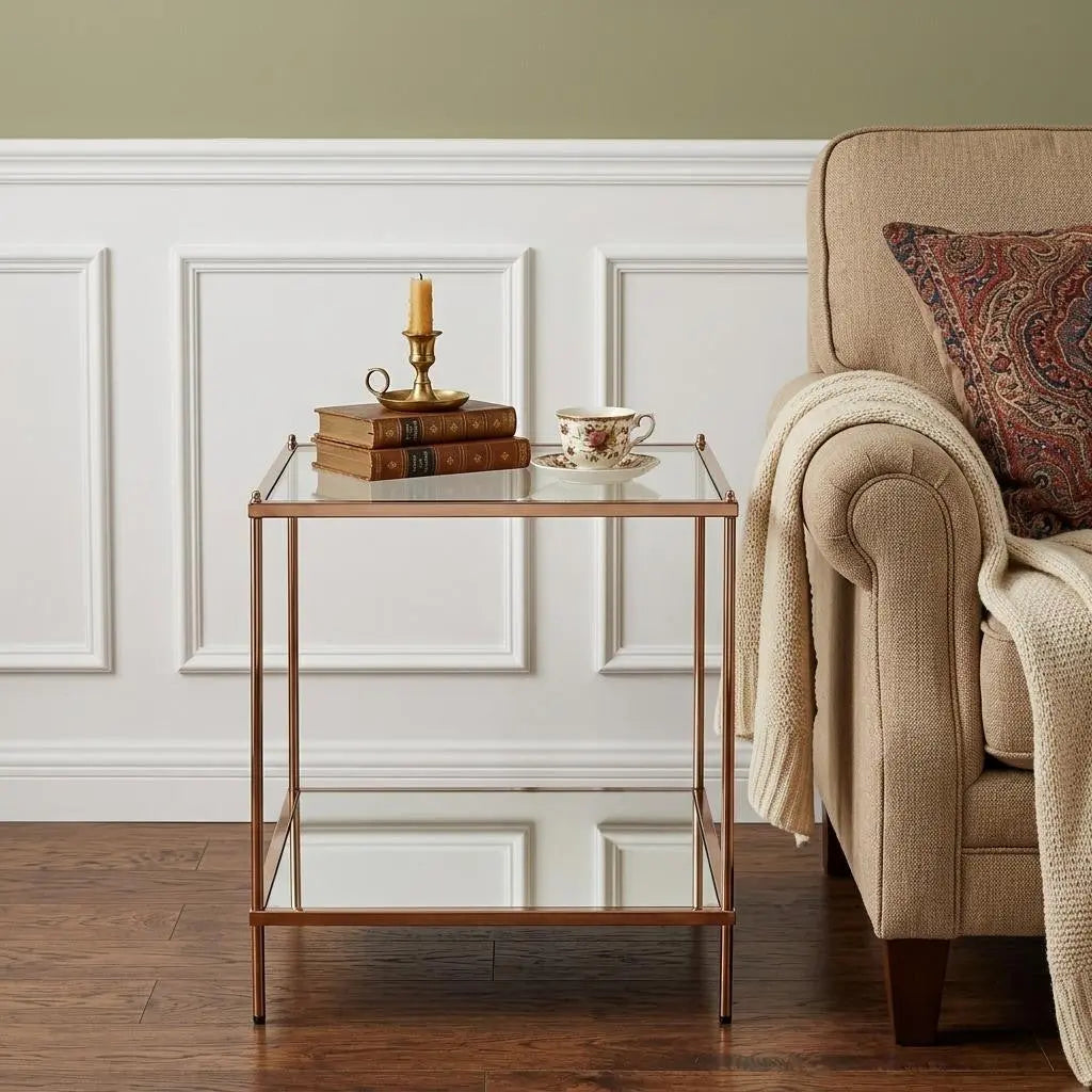 22" Clear And Gold Glass And Iron Square End Table With Shelf Homeroots Living Room