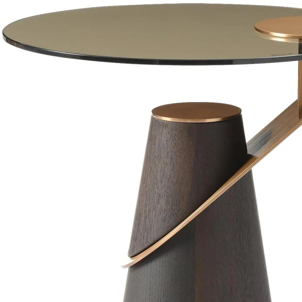 22" Clear Rose Gold and Dark Brown Glass Stainless Steel and Solid Wood Round Pedestal End Table Homeroots Living Room