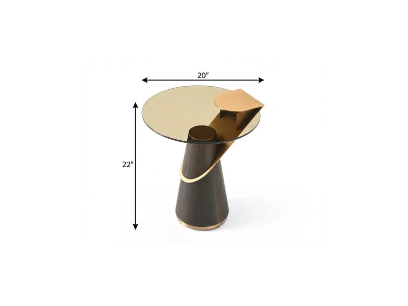 22" Clear Rose Gold and Dark Brown Glass Stainless Steel and Solid Wood Round Pedestal End Table Homeroots Living Room