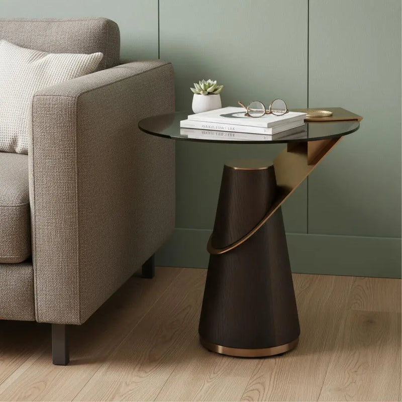 22" Clear Rose Gold and Dark Brown Glass Stainless Steel and Solid Wood Round Pedestal End Table Homeroots Living Room