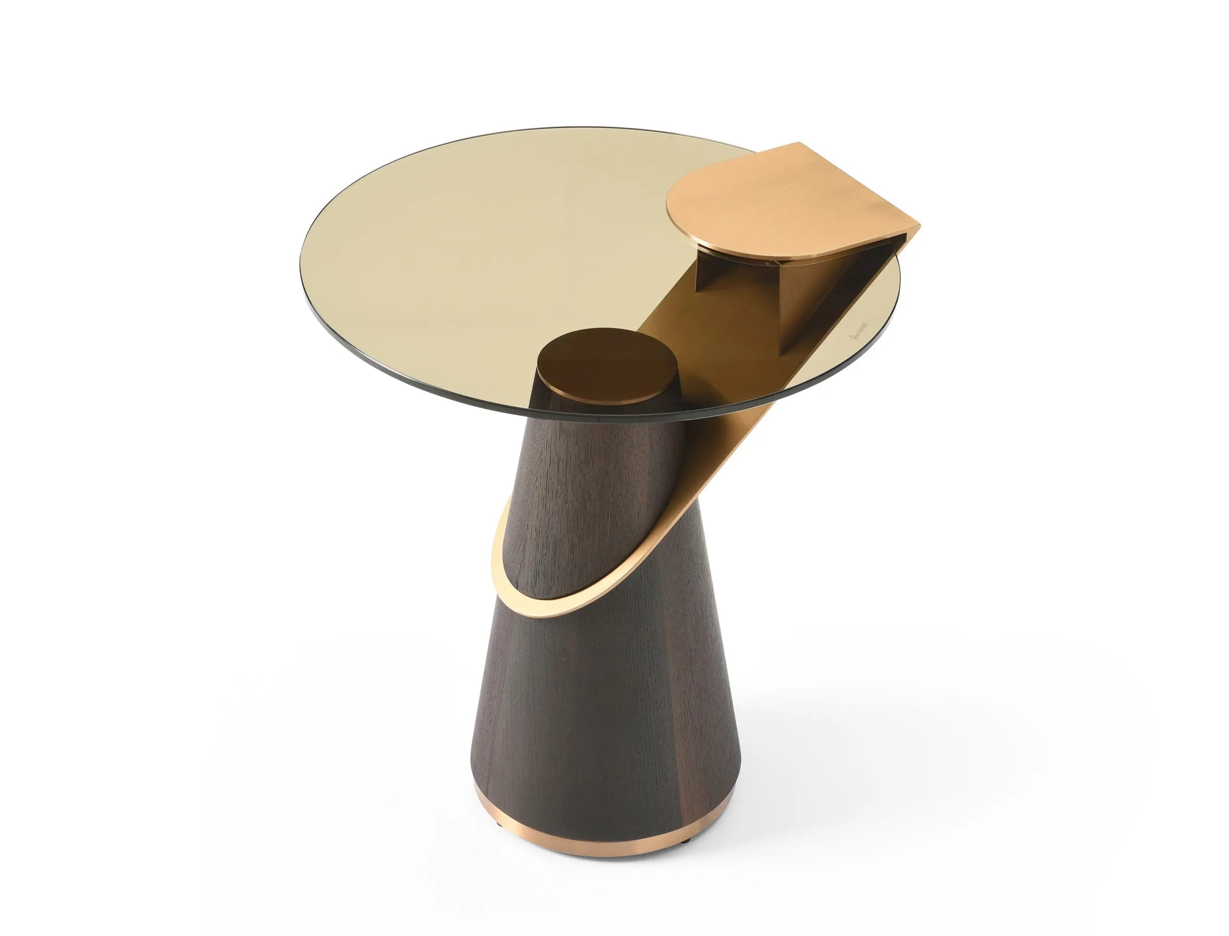 22" Clear Rose Gold and Dark Brown Glass Stainless Steel and Solid Wood Round Pedestal End Table Homeroots Living Room